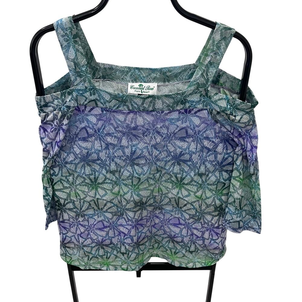 Coconut Row Palm Beach Batik Cold Shoulder Top Size MD Green Purple Art to Wear